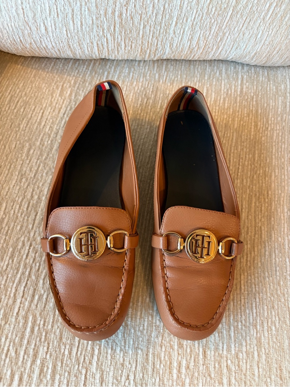 Tommy Hilfiger Tan Leather Loafers with Gold TH Emblem